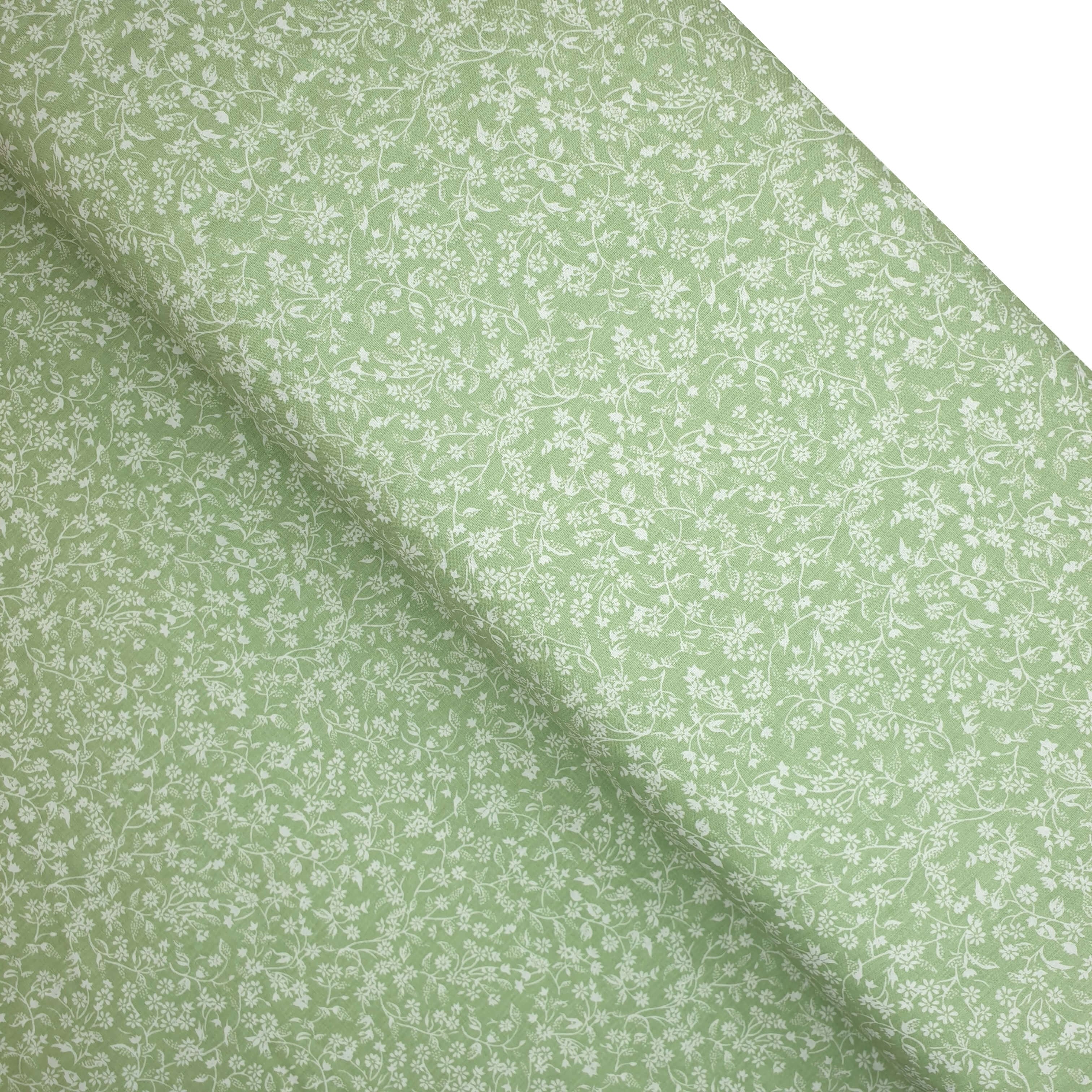Tessuto Cotone Fantasia Fiori e Rami Sfondo Verde
