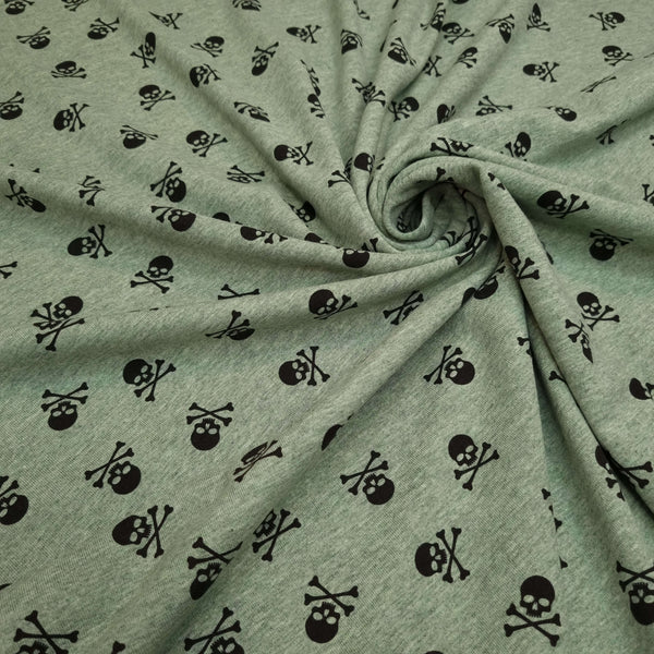 Jersey coton - SKULLS/MELANGE GREEN - coupe minimum ou multiples de 25 x 140 cm