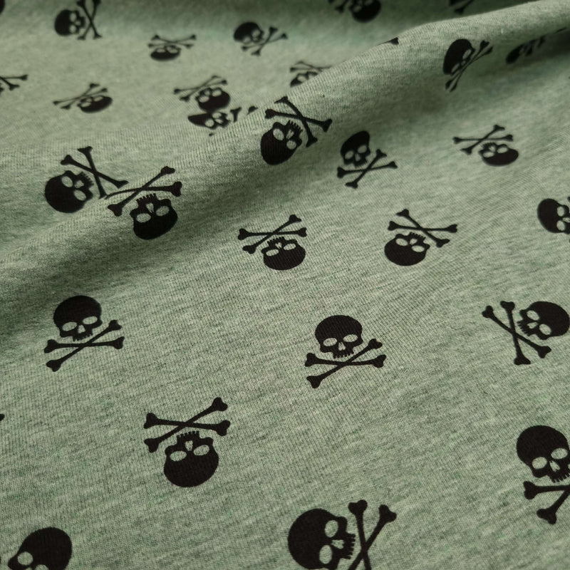 Jersey coton - SKULLS/MELANGE GREEN - coupe minimum ou multiples de 25 x 140 cm