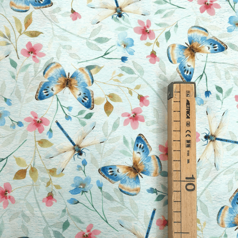 Cotone Americano H 110 cm - FIORI E FARFALLE/AZZURRO