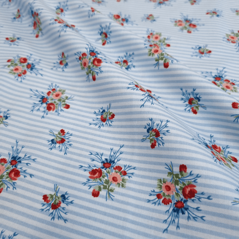 Cotone Americano H 110 cm - BOUQUET DI FIORI/RIGHETTE AZZURRE