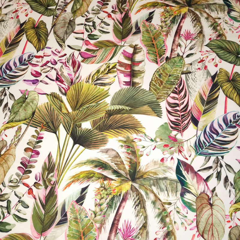 Velours Digital H 140 cm - FEUILLES TROPICALES VARIANTE ROSE &amp; VERTE