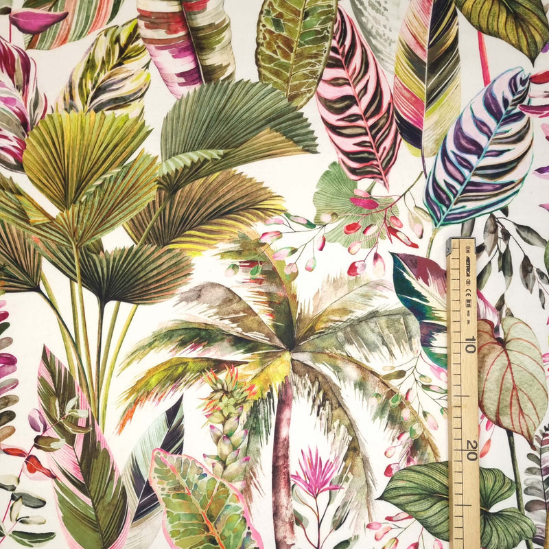 Velours Digital H 140 cm - FEUILLES TROPICALES VARIANTE ROSE &amp; VERTE