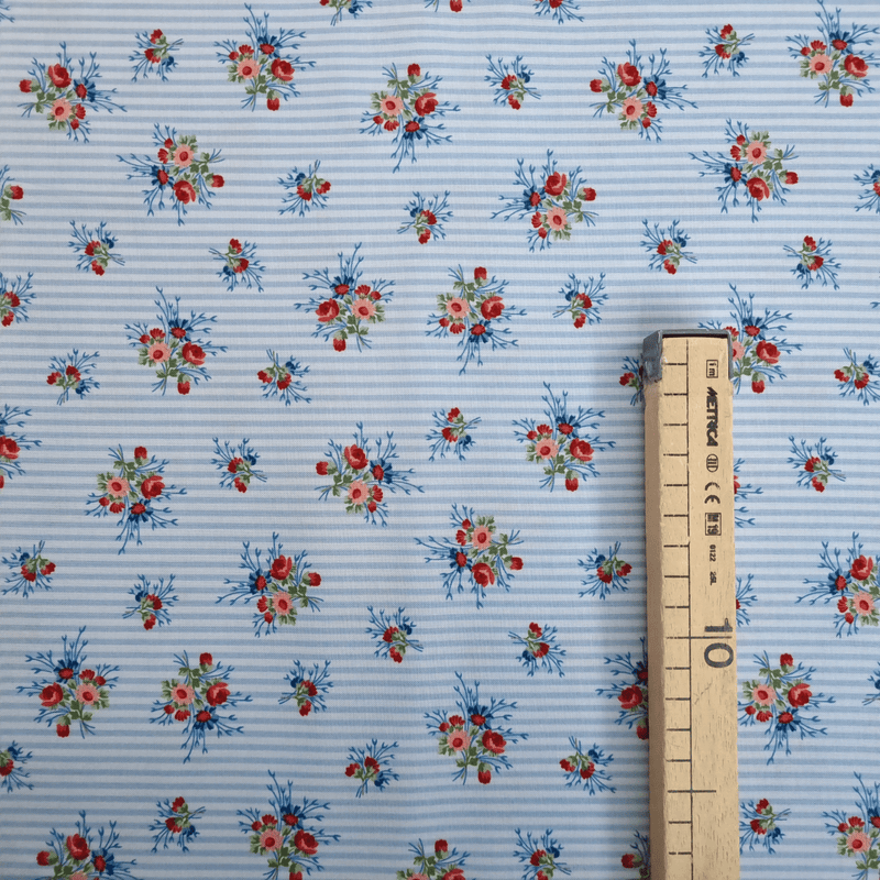 Cotone Americano H 110 cm - BOUQUET DI FIORI/RIGHETTE AZZURRE