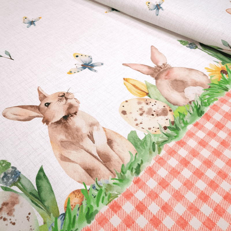 Tissu tombant H 160 cm - LAPIN ET PAPILLONS/CARRÉS ROUGES