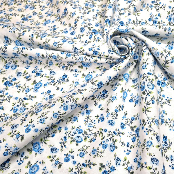 Satin de coton H 150 cm - PETITES FLEURS BLEUES