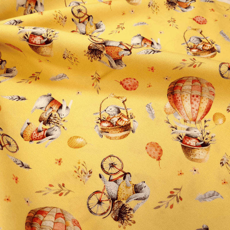 Tissu coton numérique H 150 cm - LAPIN MONTGOLFIÈRE/JAUNE