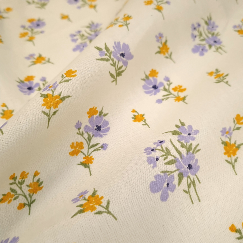 Tissu Coton Digital H 140 cm - BLEUETS LILAS/CRÈME