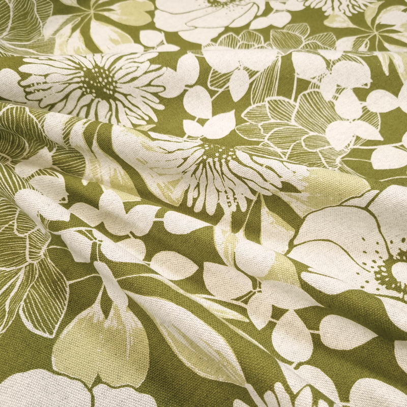 Misto Cotone Fondo Grezzo H 140 cm - FIORI/VERDE OLIVA