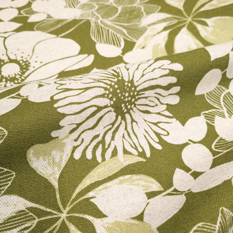 Misto Cotone Fondo Grezzo H 140 cm - FIORI/VERDE OLIVA