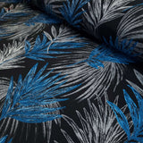 Tessuto Arredo Jacquard H 280 cm - FOGLIE BLU FONDO NERO