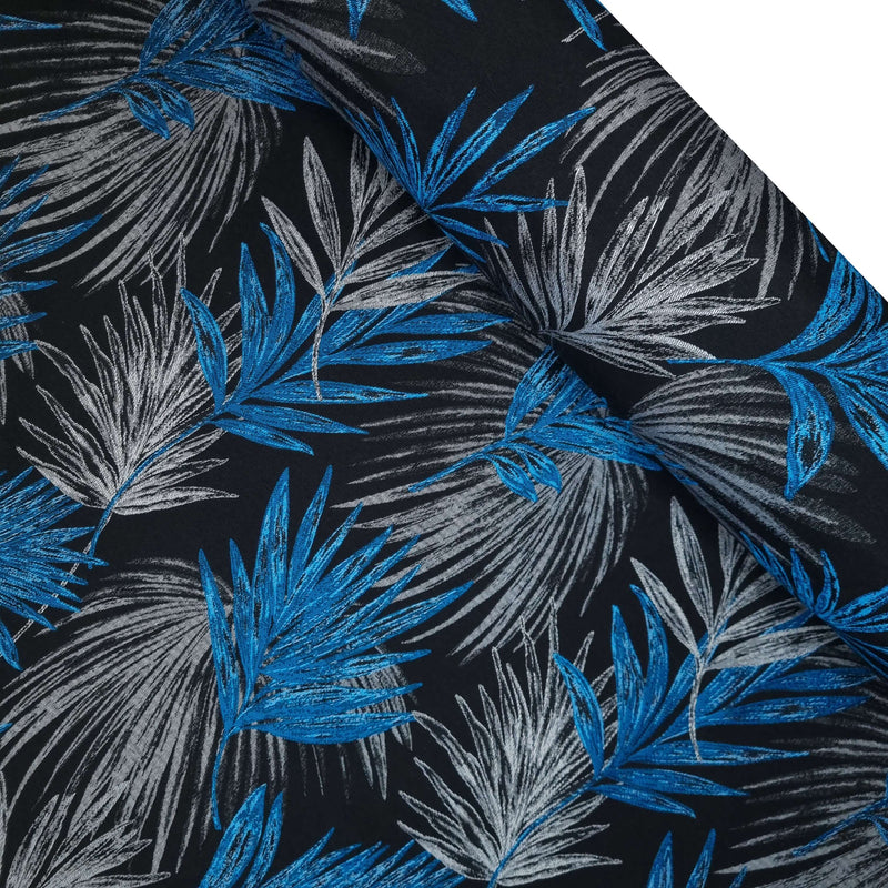 Tissu d'ameublement Jacquard H 280 cm - FEUILLES BLEUES SUR FOND NOIR