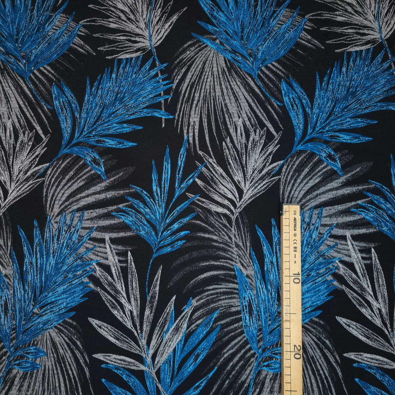 Tissu d'ameublement Jacquard H 280 cm - FEUILLES BLEUES SUR FOND NOIR