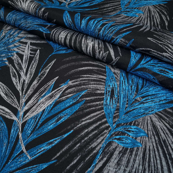 Tissu d'ameublement Jacquard H 280 cm - FEUILLES BLEUES SUR FOND NOIR