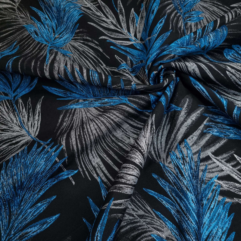 Tissu d'ameublement Jacquard H 280 cm - FEUILLES BLEUES SUR FOND NOIR