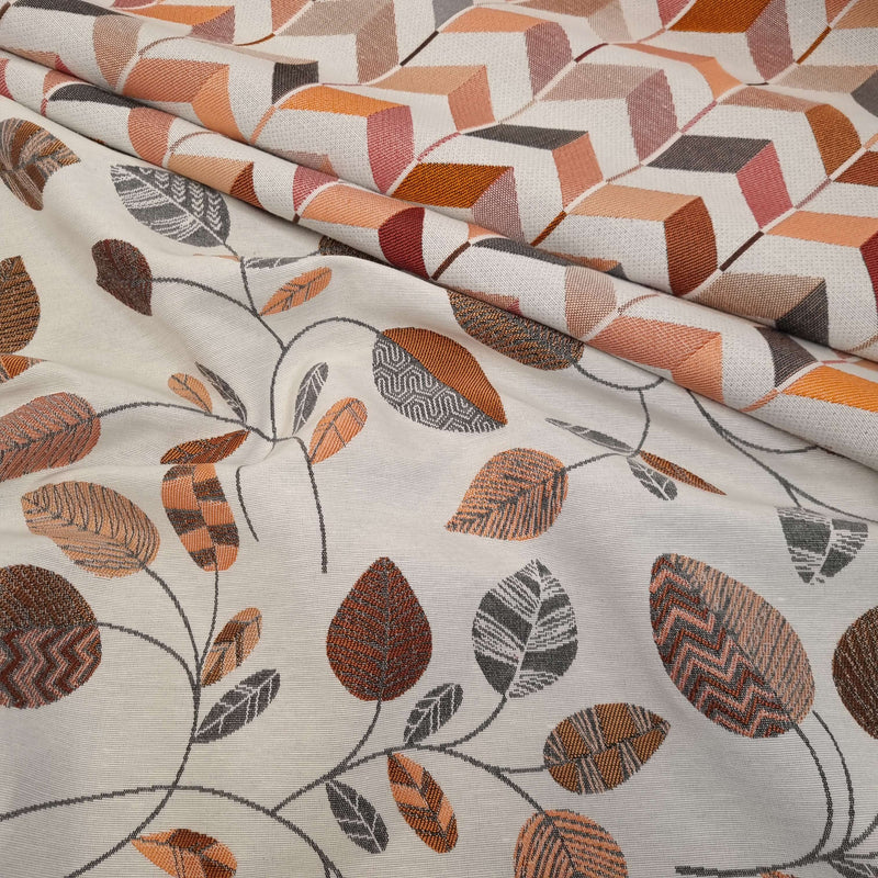 Tissu d'ameublement Jacquard H 140 cm - FEUILLES ET GÉOMÉTRIQUE/SAUMON ET GRIS