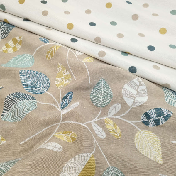 Tissu d'ameublement Jacquard H 140 cm - FEUILLES ET POISSONS/PAPIER MOUTARDE ET SUCRE