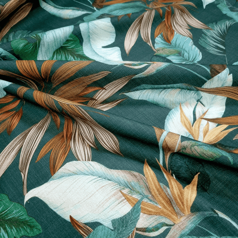 Fond numérique Panama en coton H 160 cm - FEUILLES TROPICALES/VERT PETRO