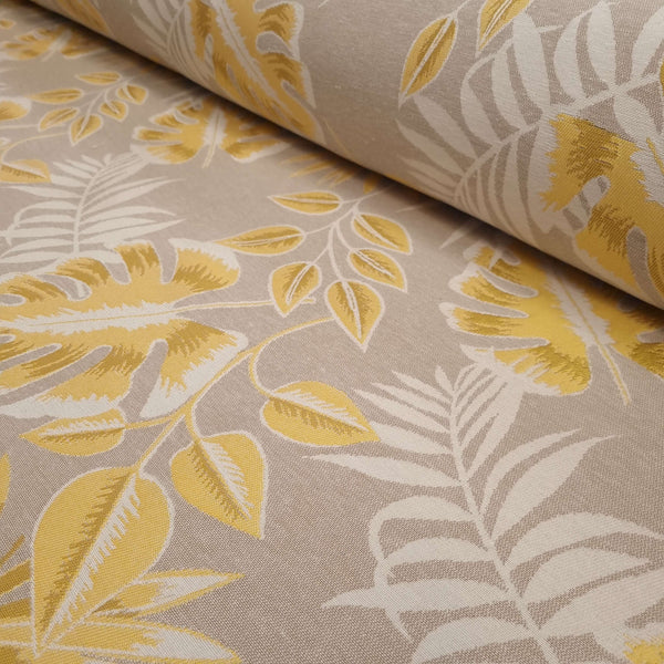 Tissu d'ameublement Jacquard H 140 cm - FEUILLES JAUNES/BEIGE