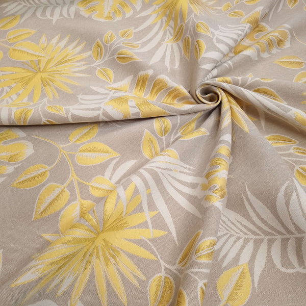 Tissu d'ameublement Jacquard H 140 cm - FEUILLES JAUNES/BEIGE