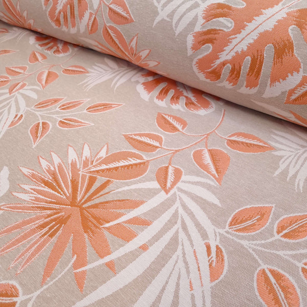 Jacquard-Möbelstoff H 140 cm – LACHS/BEIGE BLÄTTER