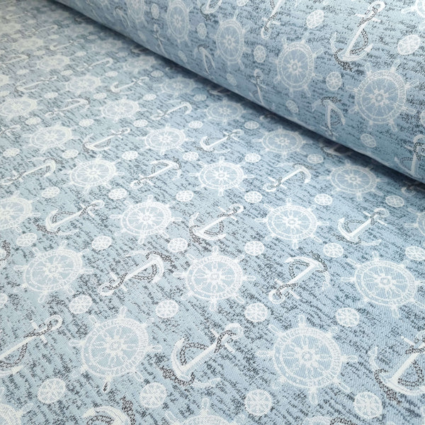 Tissu d'ameublement Jacquard H 140 cm - ANCRES ET GOUVERNAILS/BLEU CLAIR