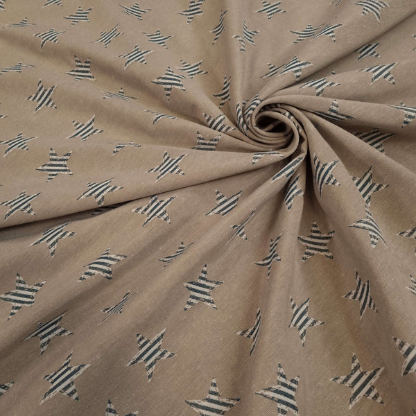 Tissu d'ameublement Jacquard H 140 cm - ÉTOILES RAYÉES BLEU/NOISETTE