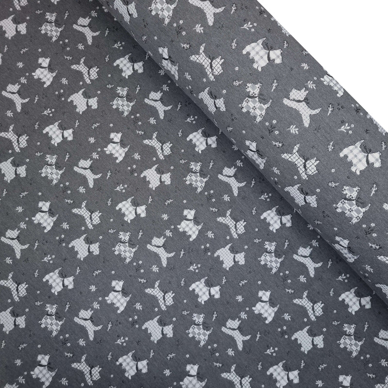 Tissu d'ameublement Jacquard H 140 cm - CHIENS/GRIS FONCÉ