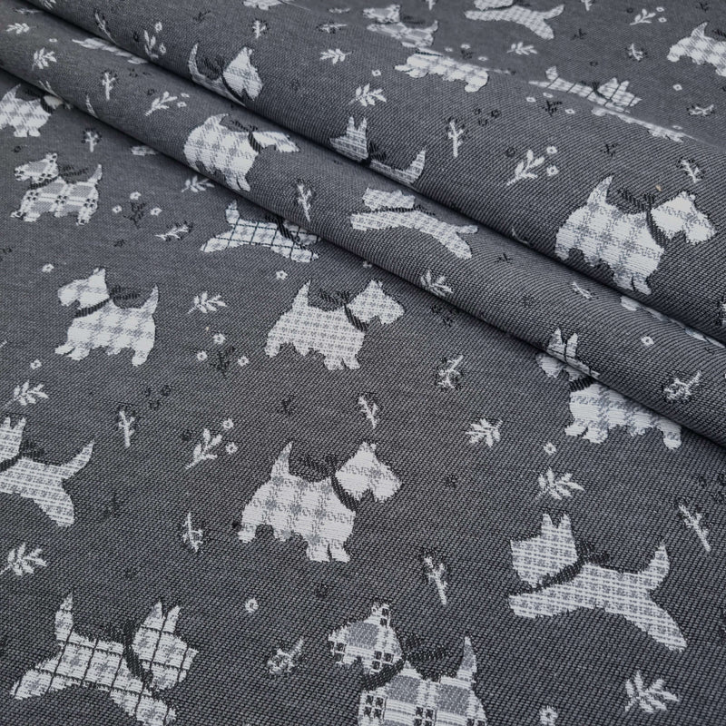 Tissu d'ameublement Jacquard H 140 cm - CHIENS/GRIS FONCÉ