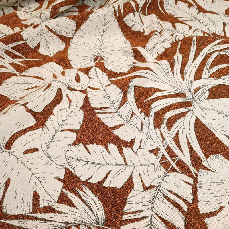 Tissu d'ameublement Jacquard H 140 cm - FEUILLES FOND ROUILLE