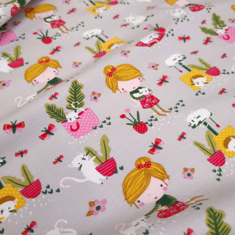 Jersey coton numérique H 165 cm - FILLE DANS LE JARDIN PARMI LES FLEURS ET LES CHATS