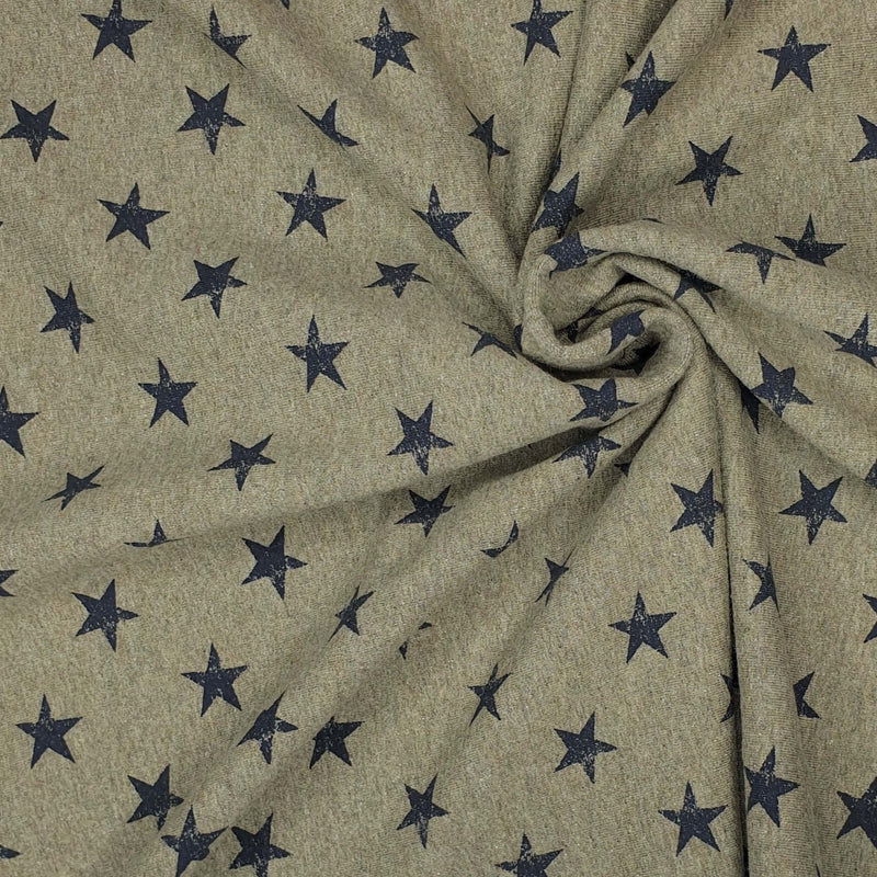 Sweatshirt brossé - ARMY GREEN/BLUE STARS - coupe minimum ou multiples de 25 x 150 cm