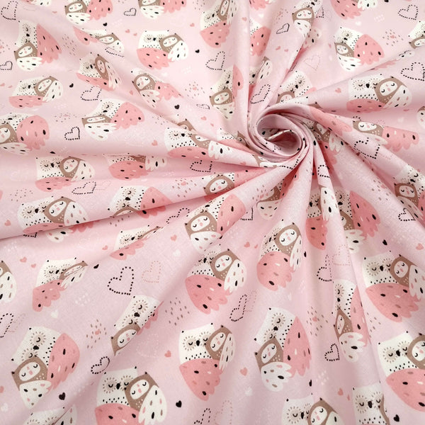 Tissu coton H 150 cm - CHOUETTES/ROSE