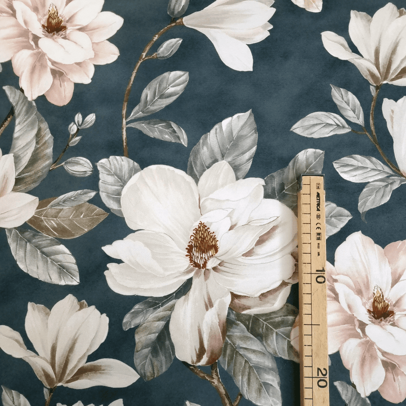 Tessuto no stiro H 160 cm - MAGNOLIE FONDO PETROLIO