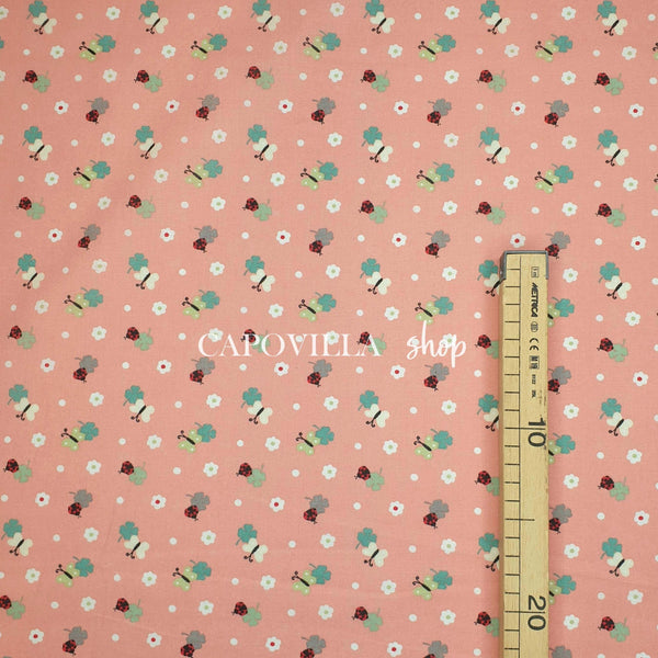 Tissu coton - COCCINELLES/CORAL - coupe minimum ou multiples de 25 x 140 cm