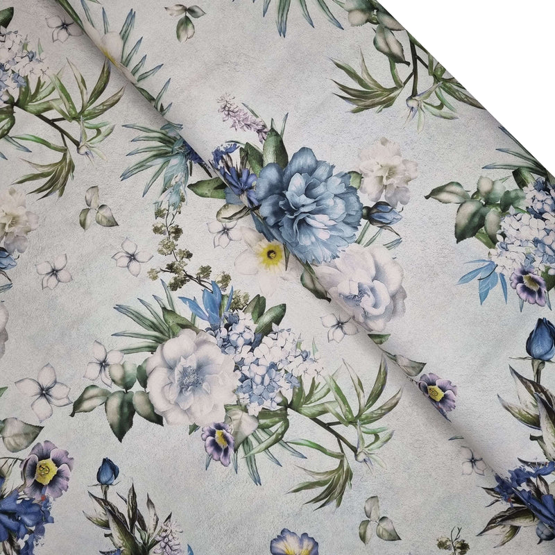 Fond numérique Panama coton - FLEURS BLEUES et LILAS - coupe minimum ou multiples de 25 x 280 cm