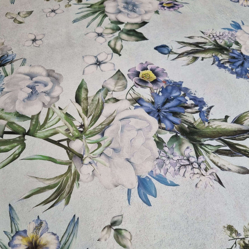 Fond numérique Panama coton - FLEURS BLEUES et LILAS - coupe minimum ou multiples de 25 x 280 cm