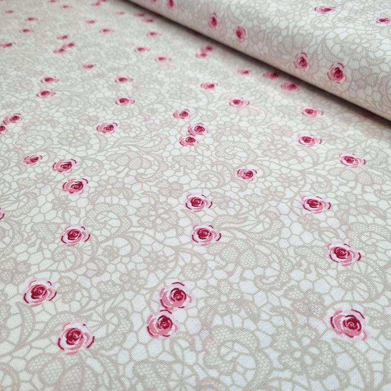 Satin de coton DENTELLES ET ROSES - H 150 cm