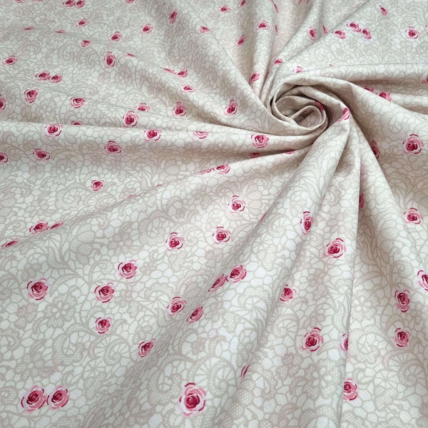 Satin de coton DENTELLES ET ROSES - H 150 cm