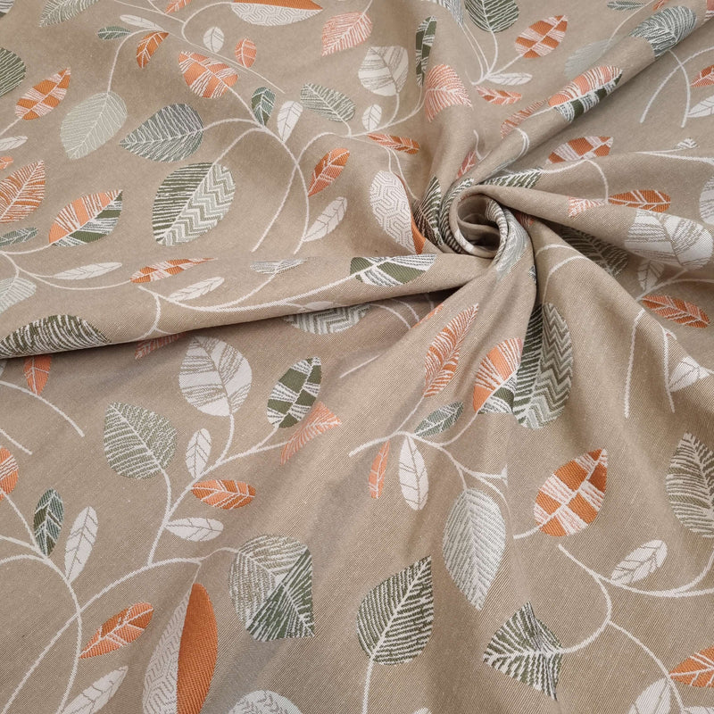 Tissu d'ameublement Jacquard H 140 cm - FEUILLES ET POIS/SAUMON ET VERT