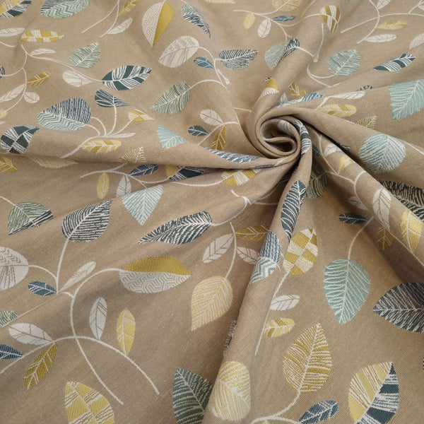 Tissu d'ameublement Jacquard H 140 cm - FEUILLES ET POISSONS/PAPIER MOUTARDE ET SUCRE