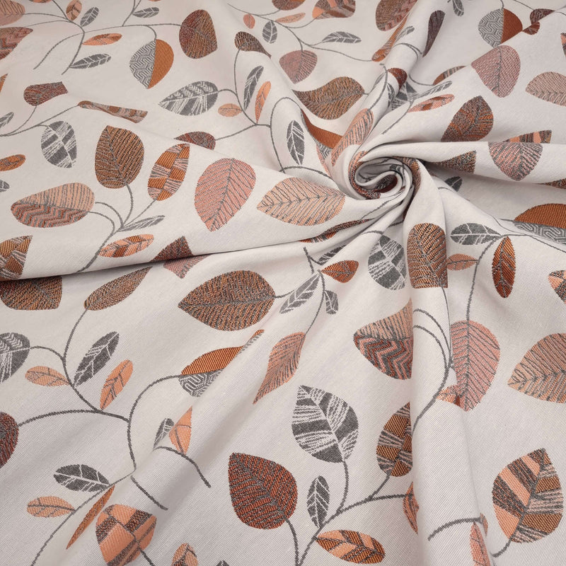 Tissu d'ameublement Jacquard H 140 cm - FEUILLES ET GÉOMÉTRIQUE/SAUMON ET GRIS