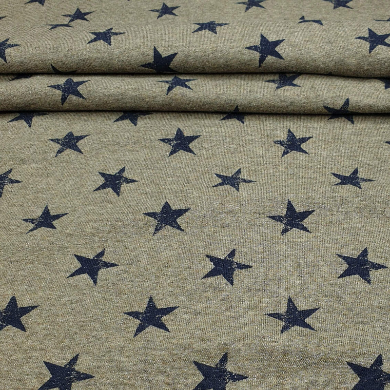 Sweatshirt brossé - ARMY GREEN/BLUE STARS - coupe minimum ou multiples de 25 x 150 cm