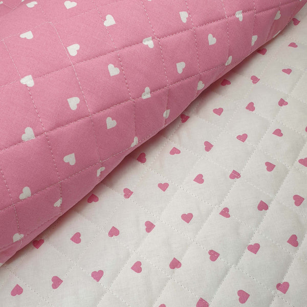 Matelassé en toile de coton double face - COEURS ROSE ET BLANC - coupe minimum ou multiples de 25 x 140 cm