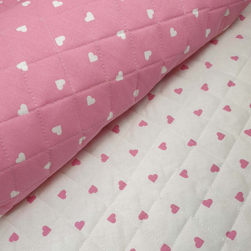 Trapuntato in tela di cotone double face H 140 cm - CUORI ROSA E BIANCHI